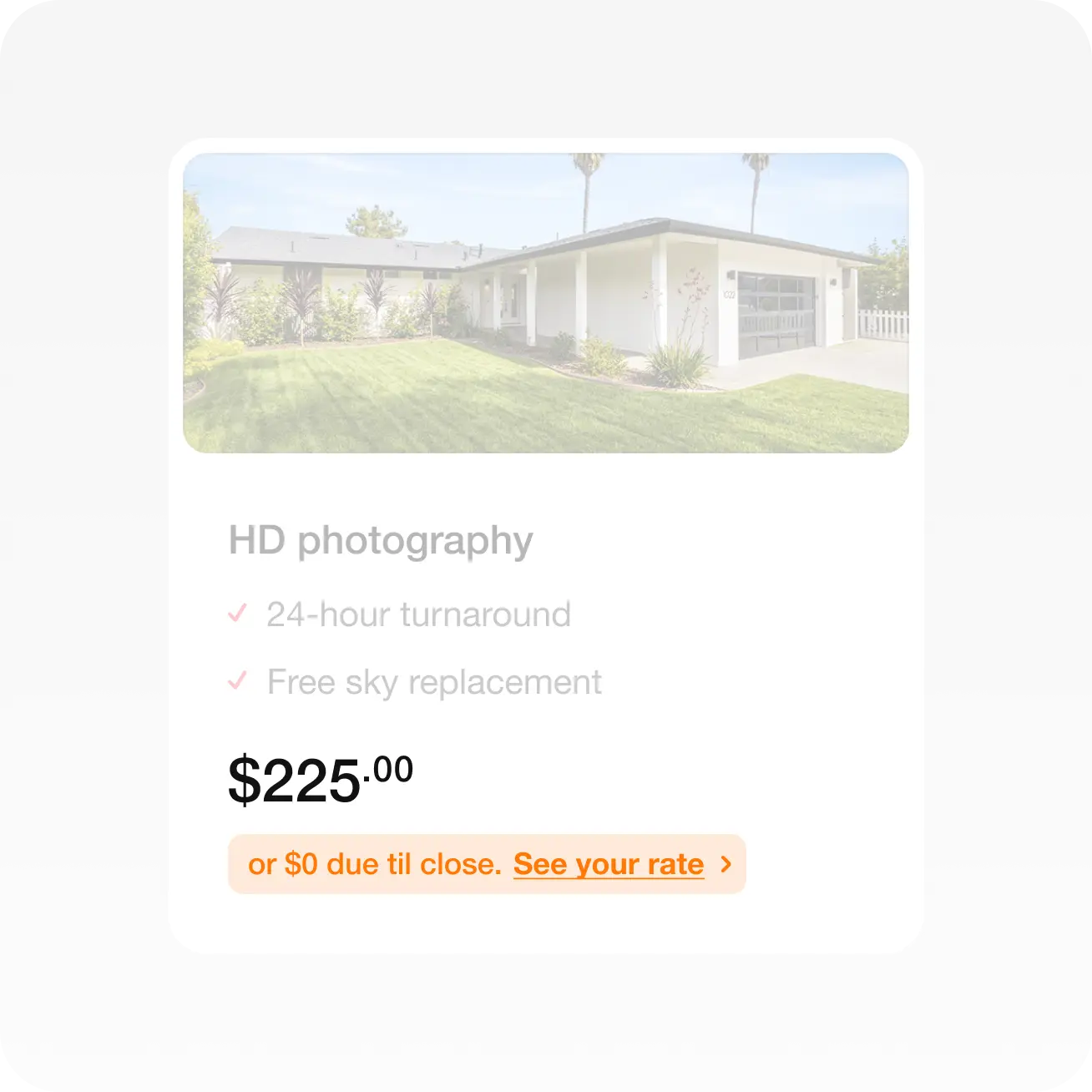 Photography package showing $0 due until close