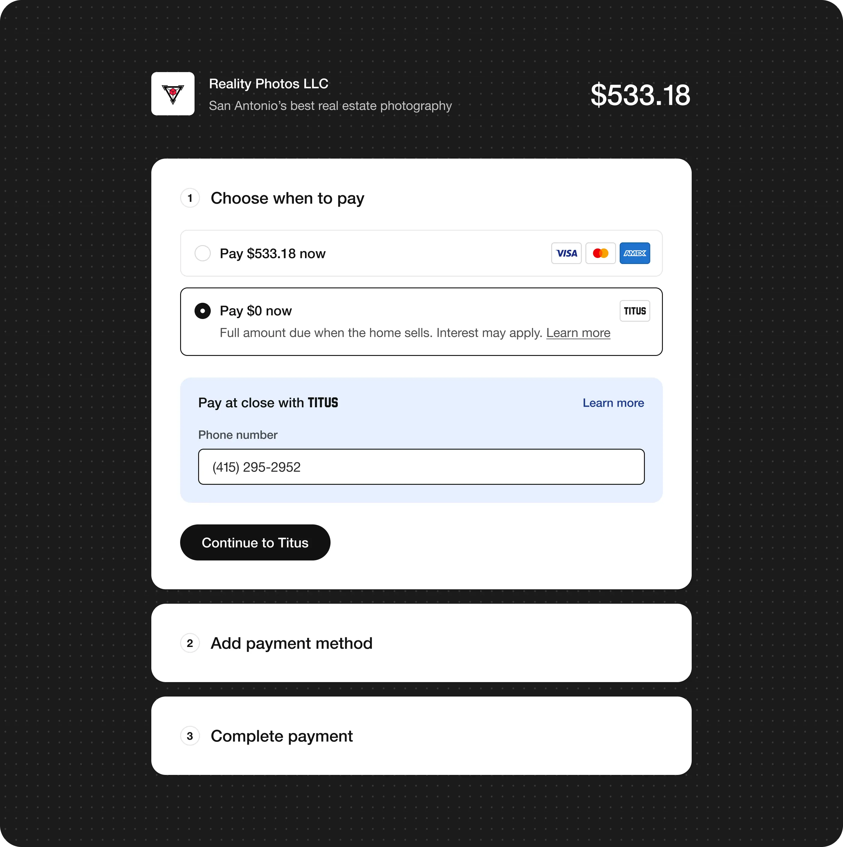 Sample checkout when to pay step